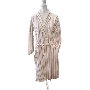 Garnet Hill XS Organic Cotton Stripe Wrap Robe Cream Red Tie Waist Long Sleeve